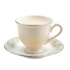 Elegant white cup and saucer with creamy beverage, perfect for afternoon tea or coffee break