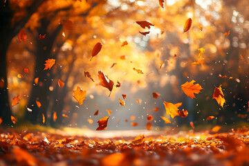 Falling autumn leaves blanket the ground in a park.