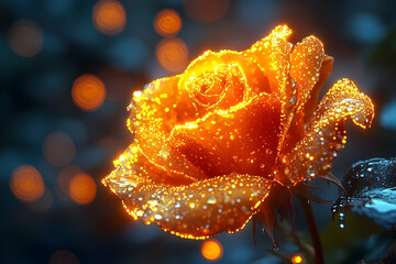 A radiant golden rose with glistening water droplets against a bokeh background