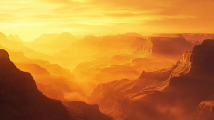 Naklejka premium A scenic canyon landscape illuminated by a warm golden sunlight glow