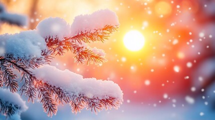 Winter wonderland scene with snow-covered branches and a warm sunset