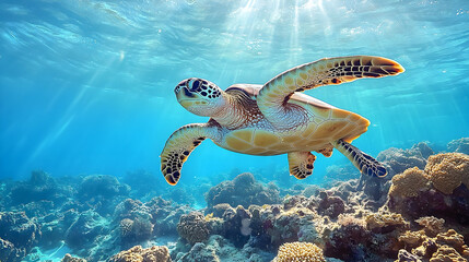 Sea turtle swimming in vibrant coral reef environment.