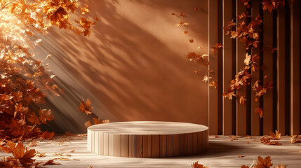 Autumnal display podium with falling leaves.