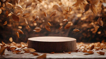 Wooden podium surrounded by autumn leaves in a soft light.