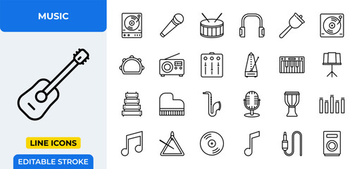 Music Vector Icon Set - Adjustable Line Weight - Guitar, turntable, microphone, drum, headphones, bell, record, tambourine, radio, equalizer, metronome, keyboard, stand, xylophone, piano, saxophone