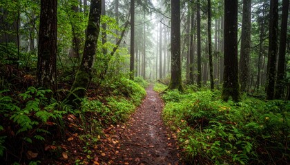 Fototapeta premium Muddy Trail Through Dense Forest During Light Rain and Wet Leaves