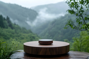 A wooden platform holds a modern device against a backdrop of misty mountains.