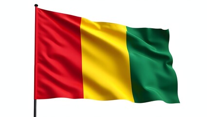 Obraz premium Photorealistic Guinea flag on white background. Vertical red, yellow, and green stripes. Sharp focus, realistic texture, clean studio lighting and white background.