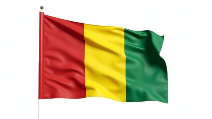 Fototapeta premium Photorealistic Guinea flag on white background. Vertical red, yellow, and green stripes. Sharp focus, realistic texture, clean studio lighting and white background.