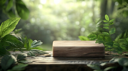 Wooden platform in a lush green forest setting.