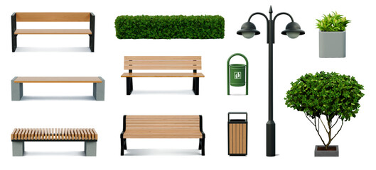 Park bench. 3D wood chair. City lamp and wooden garden furniture. Decorative urban exterior. Outdoor seat with dustbin. Hedge and tree. Urban flashlight. Vector realistic objects set