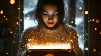 Woman gazing at glowing tablet in a winter scene
