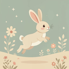 Fototapeta premium Jumping rabbit in a floral landscape