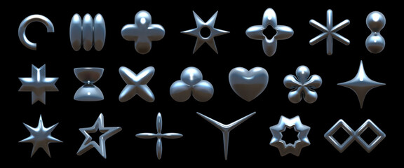 3d y2k shapes. Abstract chrome star, silver flower for graphic design or retro future creative aluminum holograms, modern trendy art, metallic foil geometric elements. Vector decoration set