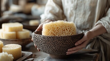 Woman holding a bowl of natural sponges