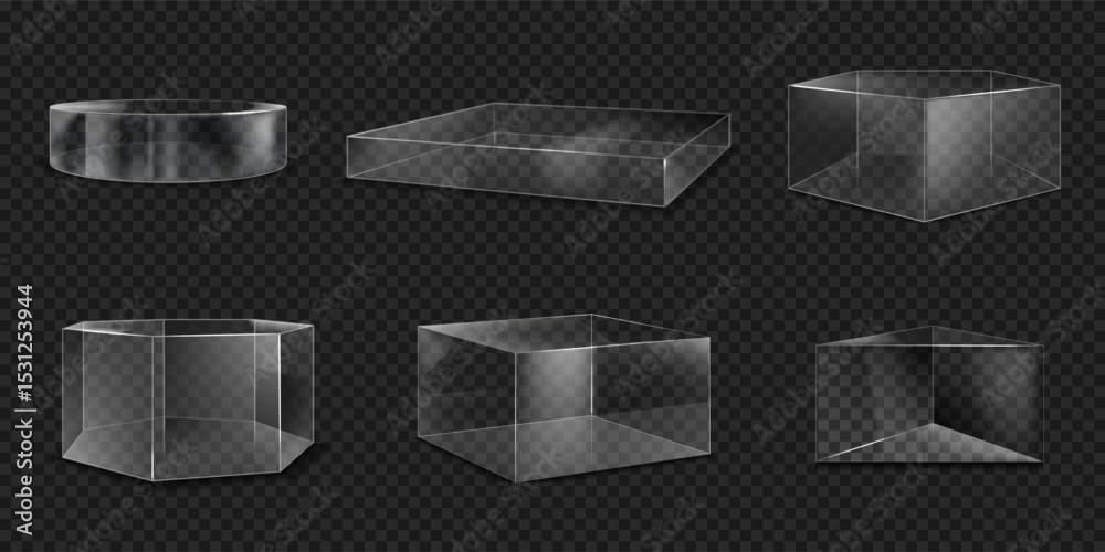 Aufkleber transparent podium. glass cylinder or cube. 3d clear box. product platform display. plastic pedestal