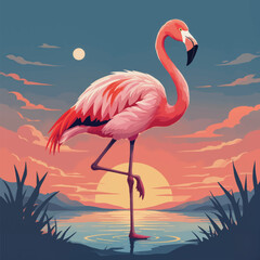 Flamingo standing by a lake at sunset