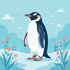 Penguin standing among colorful flowers against a blue backdrop