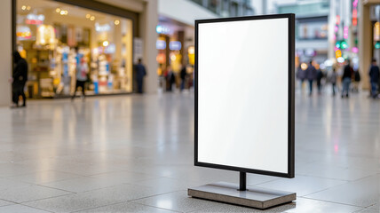 Contemporary blank signboard on a vibrant pedestrian street with blurred shoppers and neon lights, ideal for dynamic commercial advertising.
