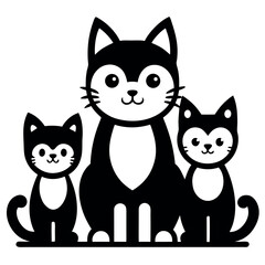 Cute Cat Family Vector Icon - Black and White Mother Cat with Kittens Clipart Illustration