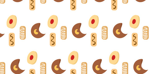 Cookies pattern background.  illustration with biscuit and oatmeal cookies. cartoon elements isolated on monochrome background.