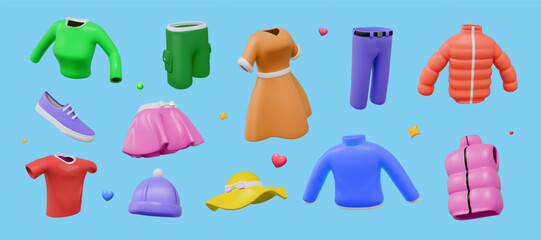 3D fashion. Clothing and shoes. Female render outfit. Fashionable dress or skirt. Colorful male apparel. T-shirt with shorts. Realistic store wear. Stylish exhibition. Vector clothes set