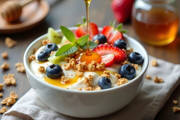 Delicious breakfast yogurt bowl with fresh berries honey and granola on a wooden table