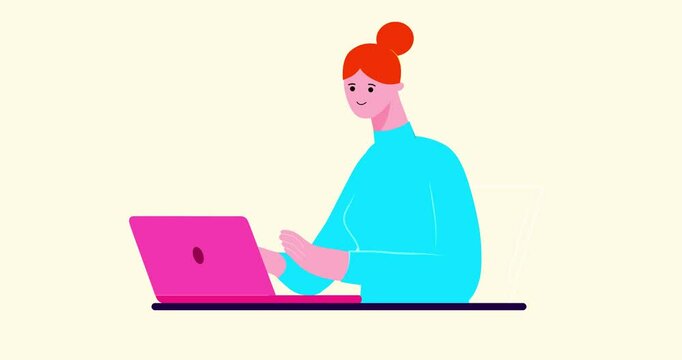 Animated  woman typing on opened laptop isolated. Cartoon animation of businesswoman smiling working. Business explainer flat design people serie movie video. Female beauty with computer seamless loop
