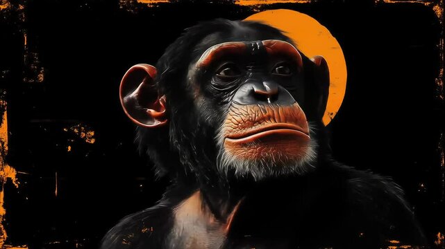 Pensive chimpanzee gazing right, orange circle background, contrasting dark tones