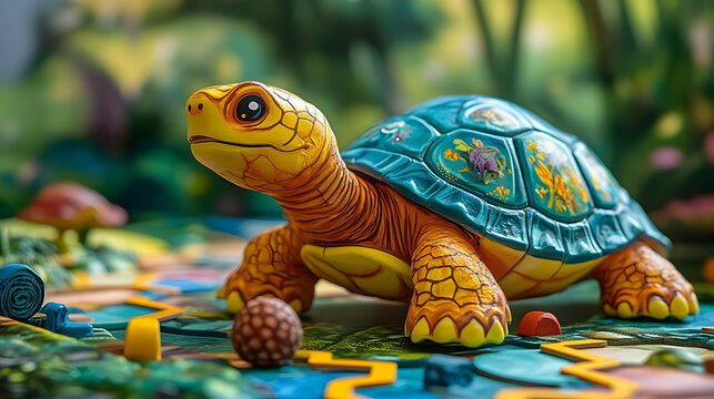 Vibrant painted turtle figurine on a detailed background.