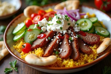 Delicious mediterranean gyro bowl featuring sliced meat vegetables rice and creamy yogurt