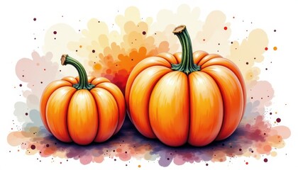 a bold watercolor impression of heirloom autumn squash, in an expressive watercolor style, with plum and burnt sienna shades, on textured paper, dynamic brushwork, feathered contours, vibrant details
