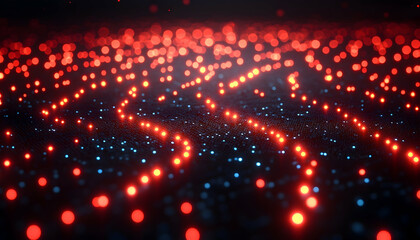 Abstract pattern a network of red and blue lights on a dark, textured surface with a bokeh effect