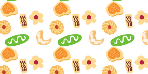 Cookies pattern background.  illustration with biscuit and oatmeal cookies. cartoon elements isolated on monochrome background.