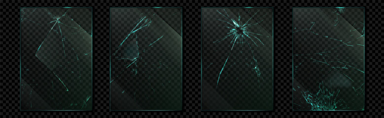 Glass crack. Broken window. Mirror or phone screen with shatters. Break effect or smash pane texture. Demolished transparent glossy surface. Windshield debris. Vector backgrounds set