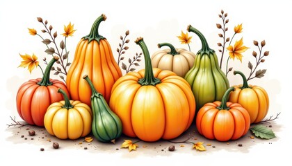 a bold watercolor impression of varied autumn squash collection, in an expressive watercolor style, with clay and lemon zest shades, on textured paper, dynamic brushwork, feathered contours