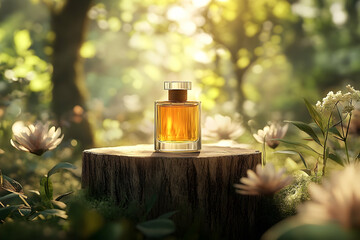 Amber perfume bottle on a woodland stump.