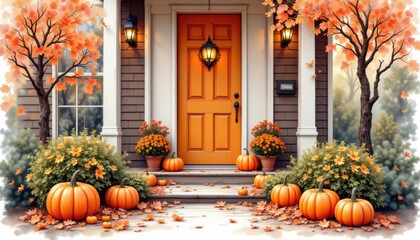 a bold watercolor impression of halloween porch setup, in an expressive watercolor style, with cedar brown and glowing peach shades, on textured paper, dynamic brushwork, feathered contours