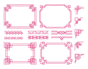 Chinese frame. Oriental asian, japanese decorative lattice, china ornament pink corner. Tradition shapes. Borders and curve dividers for graphic design, rectangle motif. Vector elements set