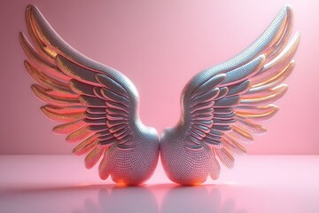 3d rendered angel wings displaying mosaic texture against pink background with soft lighting