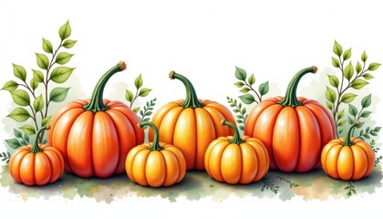 a bold watercolor impression of mixed autumn squash display, in an expressive watercolor style, with cranberry and evergreen shades, on textured paper, dynamic brushwork, feathered contours