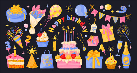 Birthday stickers. Happy party cake with candles, gift card or holiday invitation with confetti and dessert. Event celebration. Flags or light garlands, carnival balloons. Vector illustration