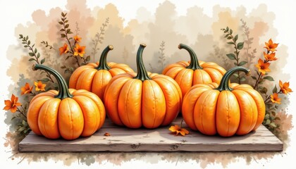 a bold watercolor impression of rustic fall squash on porch, in an expressive watercolor style, with wood brown and faded orange shades, on textured paper, dynamic brushwork, feathered contours