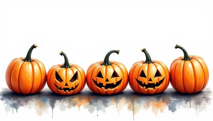 a bold watercolor impression of carved halloween pumpkins in row, in an expressive watercolor style, with steel gray and copper tones, on textured paper, dynamic brushwork, feathered contours