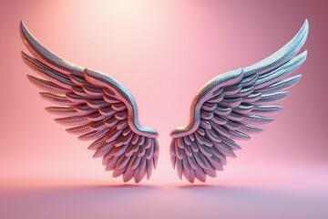 3d rendered silver angel wings floating against a soft pink gradient background