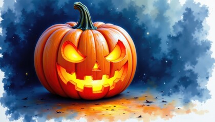 a bold watercolor impression of jack o lantern with candlelight inside, in an expressive watercolor style, with firelight orange and midnight blue shades, on textured paper, dynamic brushwork