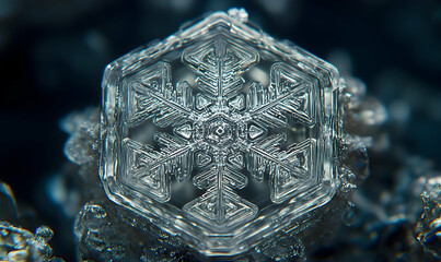 A macro shot of a single, intricate snowflake on a blueish backdrop, showing its complex crystalline structure