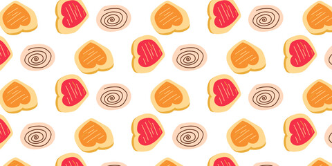 Cookies pattern background.  illustration with biscuit and oatmeal cookies. cartoon elements isolated on monochrome background.