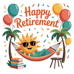 Happy Retirement Illustration with Relaxing Sun, Balloons, and Palm Trees &ndash; Transparent PNG
