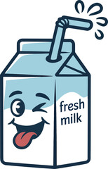 Cheerful cartoon milk carton character with winking eye and straw showing fresh deliciousness.